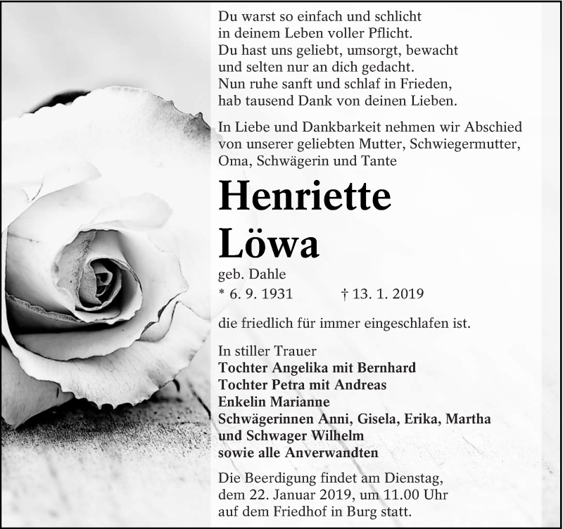  Traueranzeige für Henriette Löwa vom 16.01.2019 aus lausitzer_rundschau
