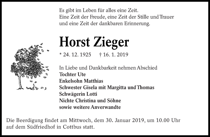  Traueranzeige für Horst Zieger vom 23.01.2019 aus lausitzer_rundschau