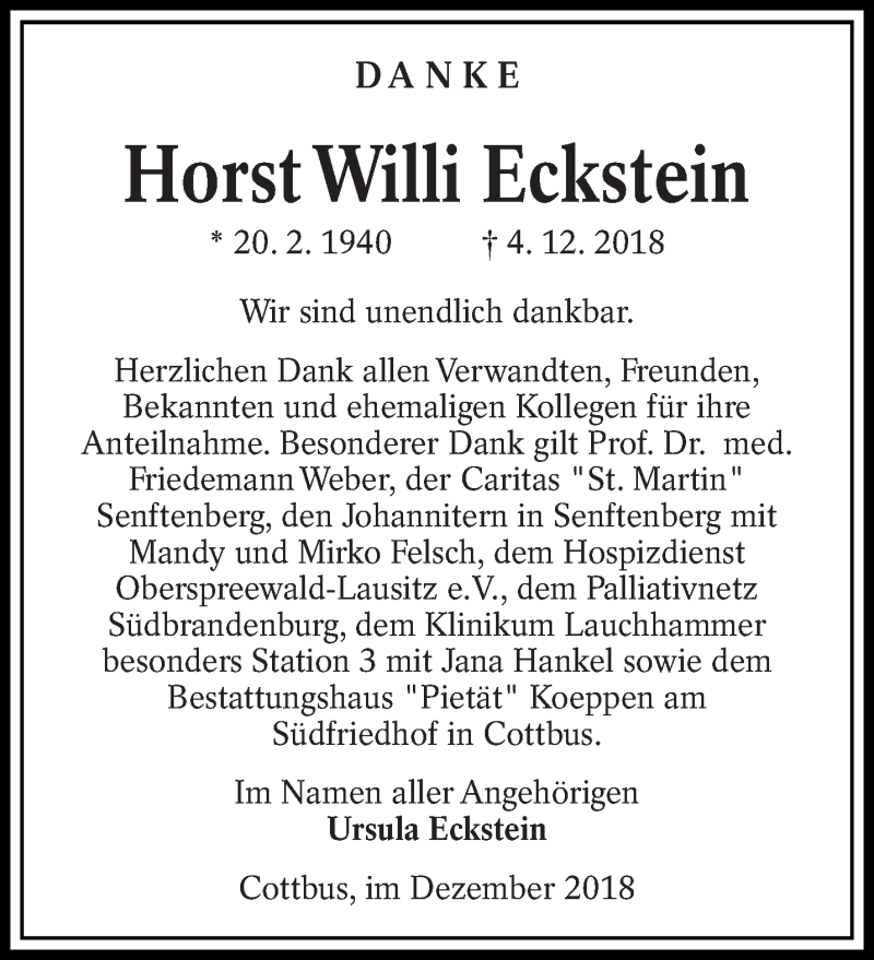  Traueranzeige für Horst Willi Eckstein vom 05.01.2019 aus lausitzer_rundschau