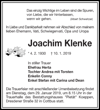 Traueranzeige von Joachim Klenke von lausitzer_rundschau