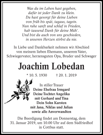 Traueranzeige von Joachim Lobedan von lausitzer_rundschau