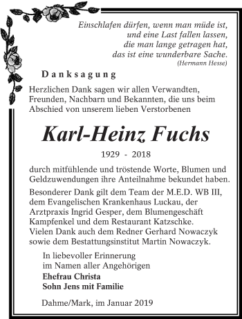 Traueranzeige von Karl-Heinz Fuchs von lausitzer_rundschau
