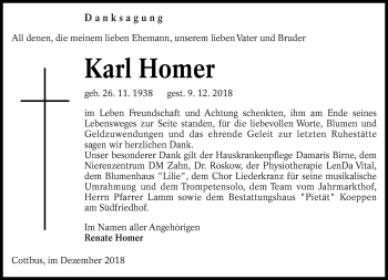 Traueranzeige von Karl Homer von lausitzer_rundschau