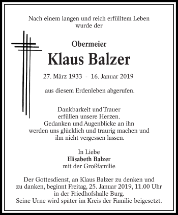 Traueranzeige von Klaus Balzer von lausitzer_rundschau