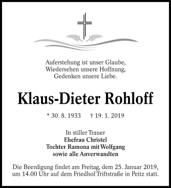 Traueranzeige von Klaus-Dieter Rohloff von lausitzer_rundschau