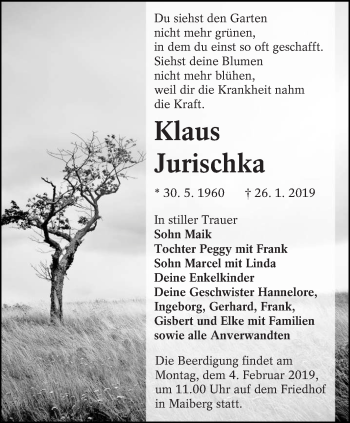 Traueranzeige von Klaus Jurischka von lausitzer_rundschau