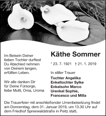Traueranzeige von Käthe Sommer von lausitzer_rundschau
