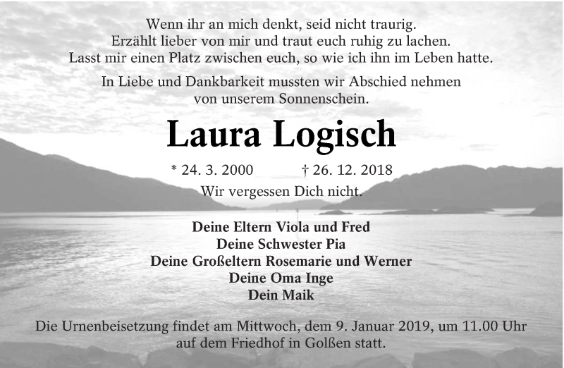  Traueranzeige für Laura Logisch vom 02.01.2019 aus lausitzer_rundschau