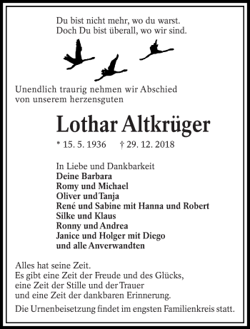 Traueranzeige von Lothar Altkrüger von lausitzer_rundschau