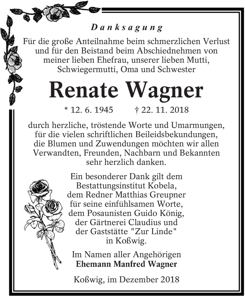  Traueranzeige für Renate Wagner vom 05.01.2019 aus lausitzer_rundschau