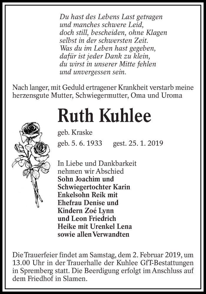 Traueranzeige für Ruth Kuhlee vom 30.01.2019 aus lausitzer_rundschau