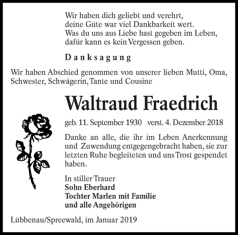  Traueranzeige für Waltraud Fraedrich vom 19.01.2019 aus lausitzer_rundschau