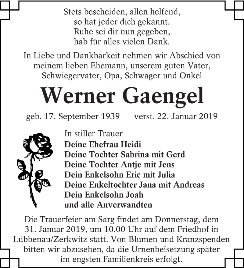  Traueranzeige für Werner Gaengel vom 26.01.2019 aus lausitzer_rundschau