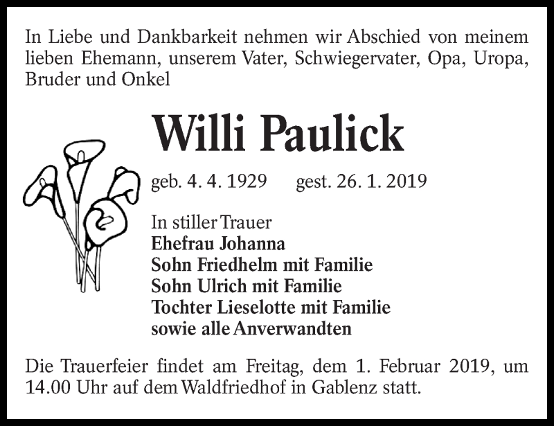  Traueranzeige für Willi Paulick vom 30.01.2019 aus lausitzer_rundschau