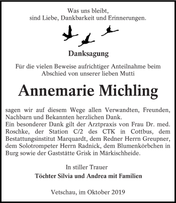 Traueranzeige von Annemarie Michling von lausitzer_rundschau