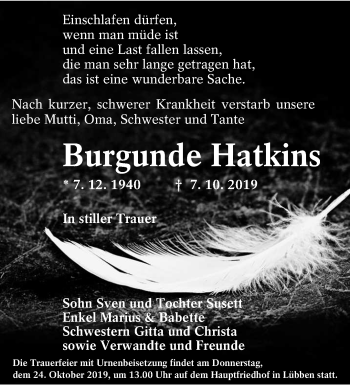 Traueranzeige von Burgunde Hatkins von lausitzer_rundschau
