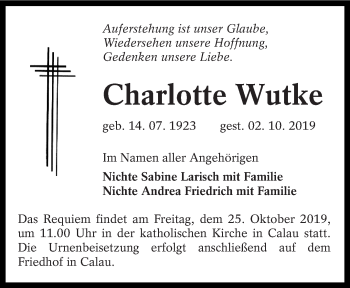 Traueranzeige von Charlotte Wutke von lausitzer_rundschau