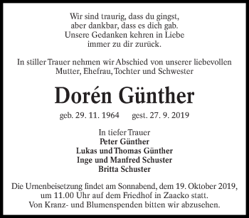 Traueranzeige von Dorén Günther von lausitzer_rundschau