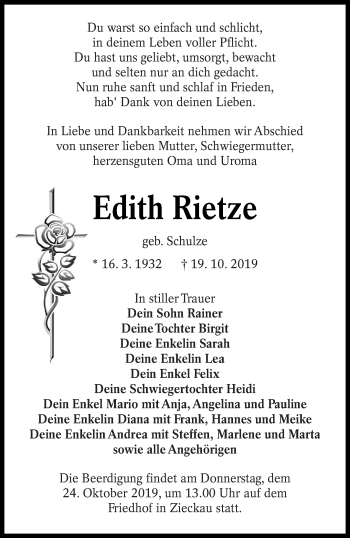Traueranzeige von Edith Rietze von lausitzer_rundschau