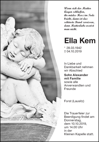Traueranzeige von Ella Kem von lausitzer_rundschau