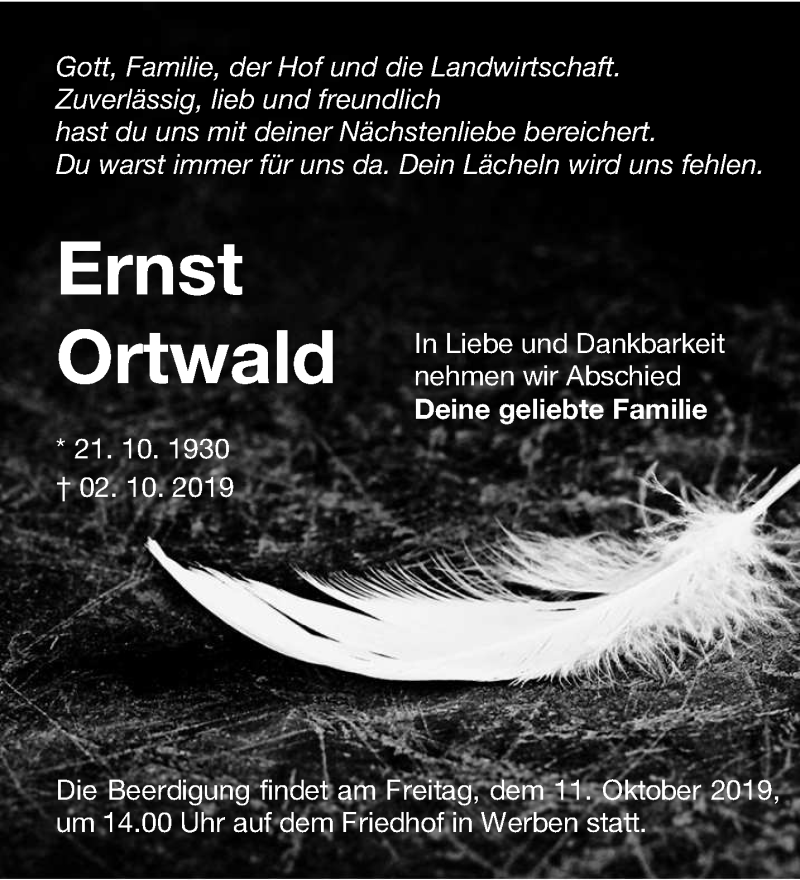  Traueranzeige für Ernst Ortwald vom 08.10.2019 aus lausitzer_rundschau