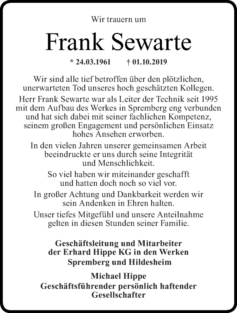  Traueranzeige für Frank Sewarte vom 16.10.2019 aus lausitzer_rundschau