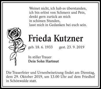 Traueranzeige von Frieda Kutzner von lausitzer_rundschau