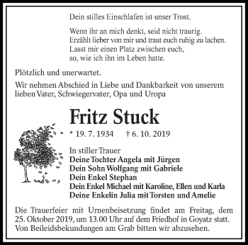 Traueranzeige von Fritz Stuck von lausitzer_rundschau