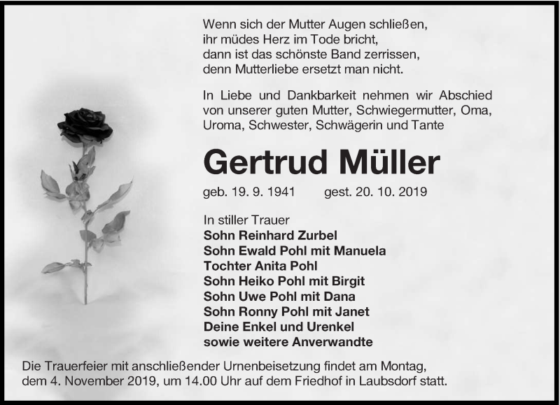  Traueranzeige für Gertrud Müller vom 30.10.2019 aus lausitzer_rundschau