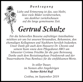 Traueranzeige von Gertrud Schulze von lausitzer_rundschau