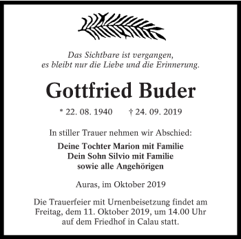 Traueranzeige von Gottfried Buder von lausitzer_rundschau