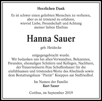 Traueranzeige von Hanna Sauer von lausitzer_rundschau