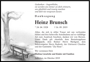 Traueranzeige von Heinz Brunsch von lausitzer_rundschau