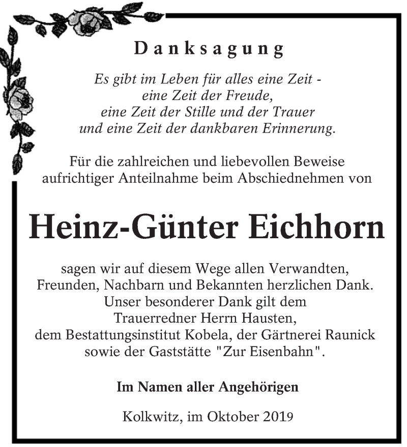  Traueranzeige für Heinz-Günter Eichhorn vom 19.10.2019 aus lausitzer_rundschau