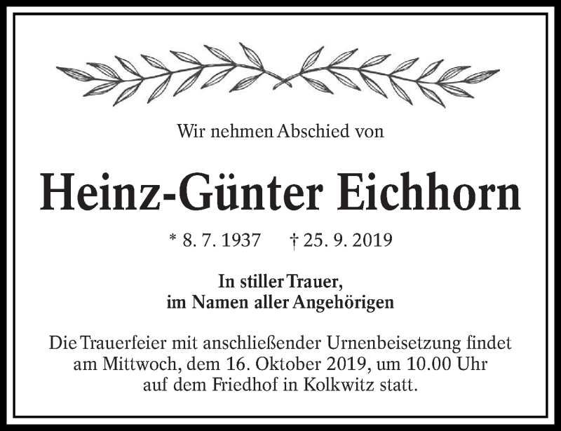  Traueranzeige für Heinz-Günter Eichhorn vom 09.10.2019 aus lausitzer_rundschau