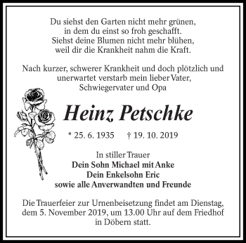 Traueranzeige von Heinz Petschke von lausitzer_rundschau