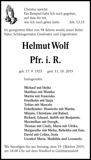 Traueranzeige von HelmutWol Wolf von lausitzer_rundschau