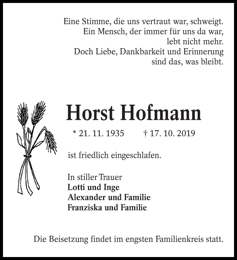  Traueranzeige für Horst Hofmann vom 23.10.2019 aus lausitzer_rundschau