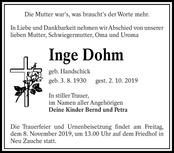 Traueranzeige von Inge Dohm von lausitzer_rundschau