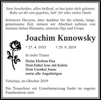 Traueranzeige von Joachim Kunowsky von lausitzer_rundschau