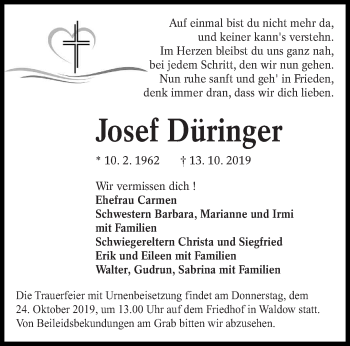 Traueranzeige von Josef Düringer von lausitzer_rundschau
