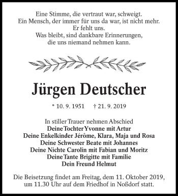 Traueranzeige von Jürgen Deutscher von lausitzer_rundschau