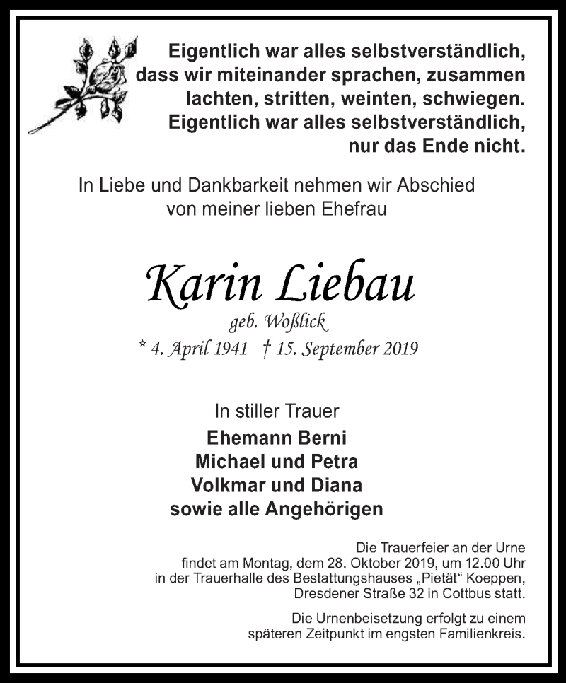  Traueranzeige für Karin Liebau vom 16.10.2019 aus lausitzer_rundschau