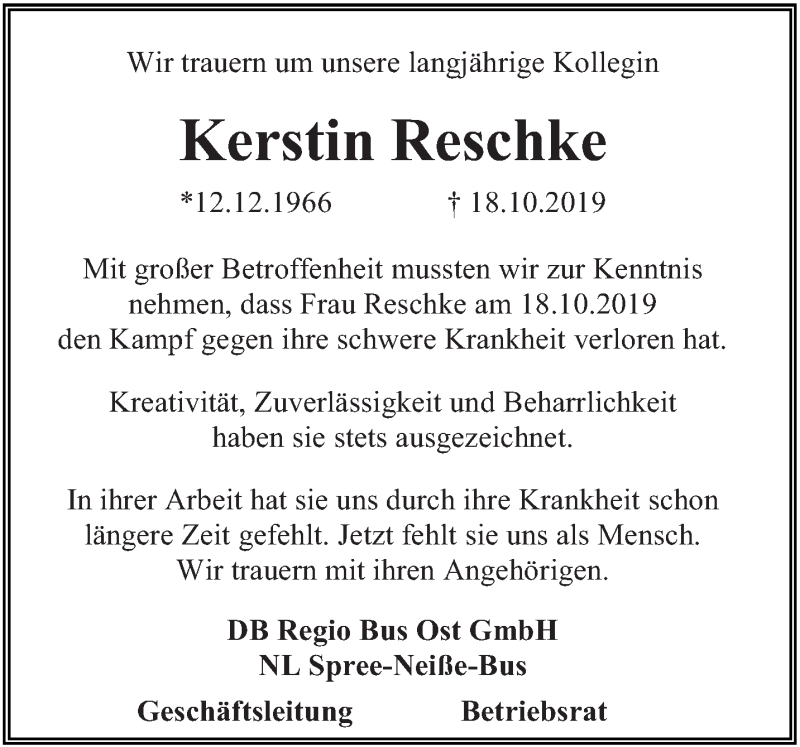  Traueranzeige für Kerstin Reschke vom 26.10.2019 aus lausitzer_rundschau