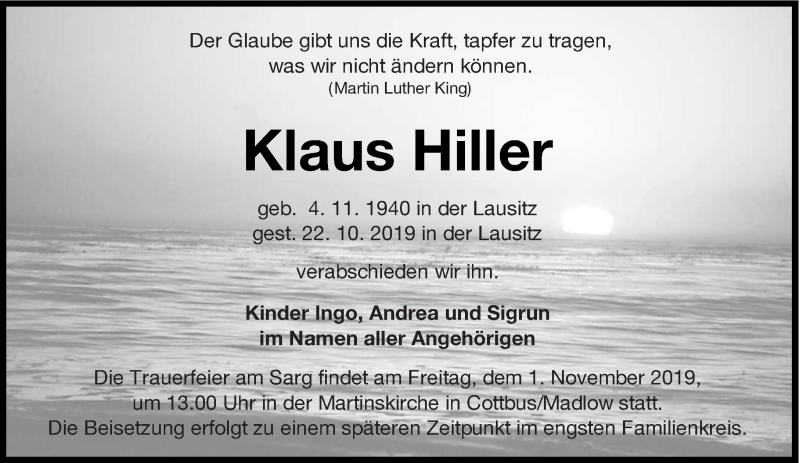  Traueranzeige für Klaus Hiller vom 28.10.2019 aus lausitzer_rundschau