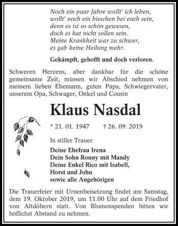 Traueranzeige von Klaus Nasdal von lausitzer_rundschau