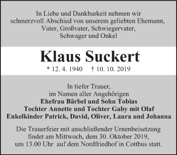 Traueranzeige von Klaus Suckert von lausitzer_rundschau