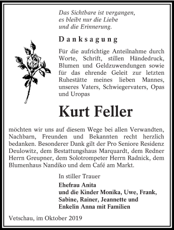 Traueranzeige von Kurt Feller von lausitzer_rundschau