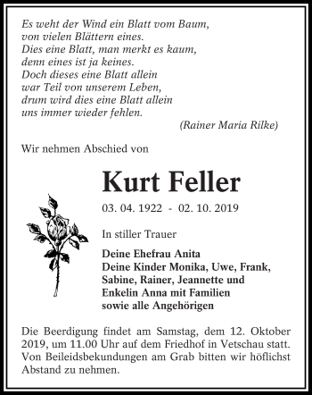 Traueranzeige von Kurt Feller von lausitzer_rundschau