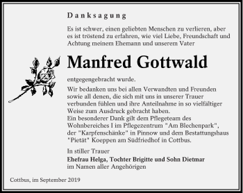 Traueranzeige von Manfred Gottwald von lausitzer_rundschau